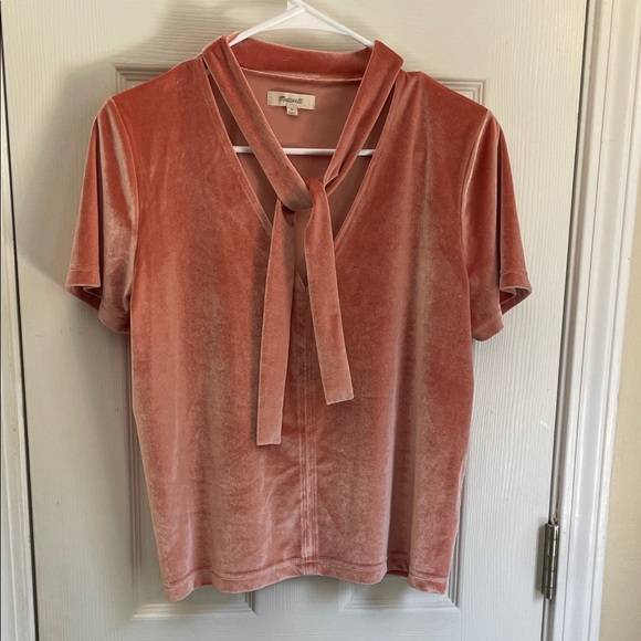 Madewell Velvet Tie-Neck Blouse in a Coral Color - Picture 1 of 4